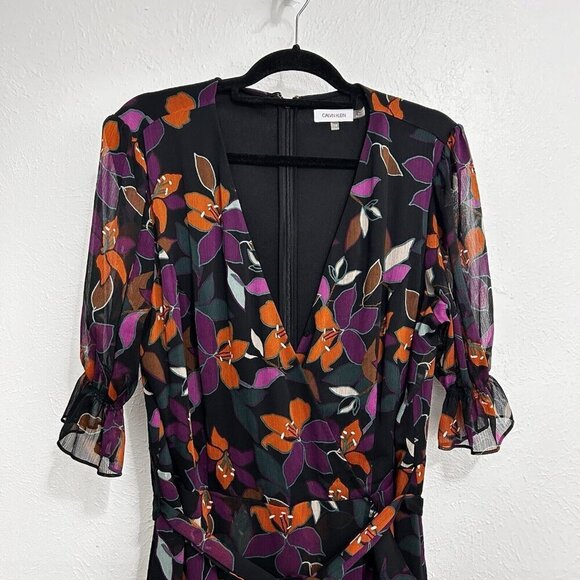 Calvin Klein Floral Asymmetrical Wrap Dress Sz 16 Surplice Neckline Ruffle Cuff - Picture 3 of 13